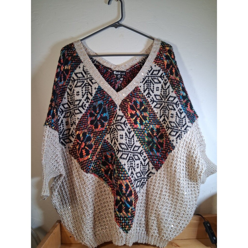 Sweater Multicolor Womens Gold Shimmer Batwing Sleeve Vocal USA Size S/M